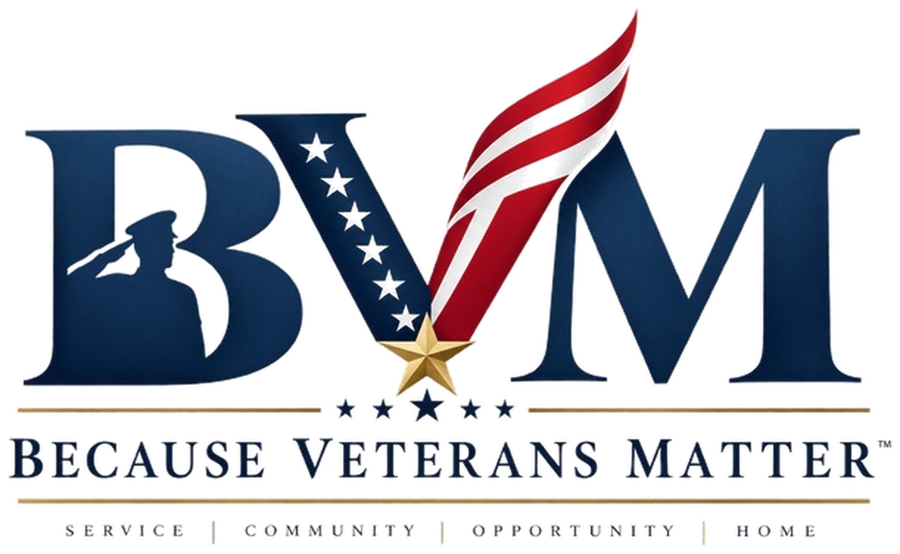 Because Veterans Matter logo with the words Service, Community, Opportunity, Home